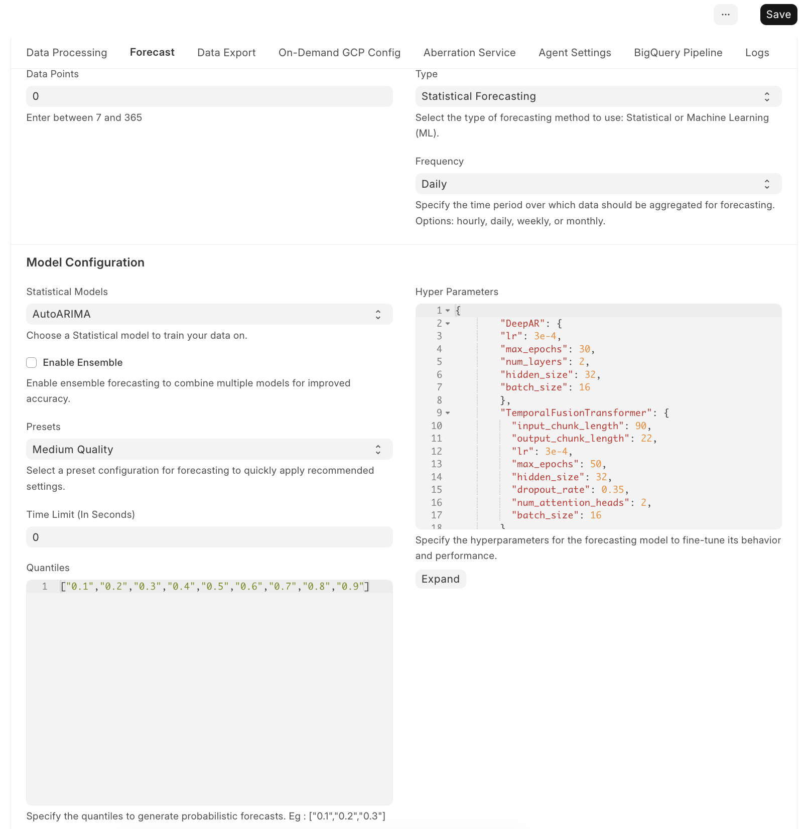 Forecast model configuration within the Frappe forecasting platform